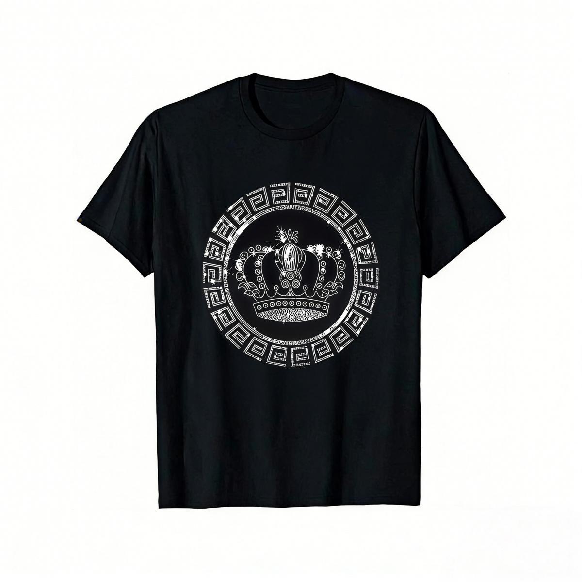 Men's Fashion Black and White Decorative Crown Print Pattern T-Shirt, Vintage Elegant Luxury Crown Pattern, Men's Street Fashion Clothing