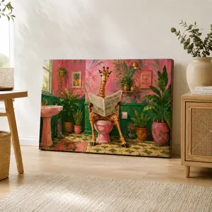 Funny Giraffe Bathroom Canvas Wall Art, Tropical Animal Toilet Poster for Bathroom Powder Room Kids Bath Guest Bath Decor, Available as Unframed Canvas Poster or Framed Canvas Wrap