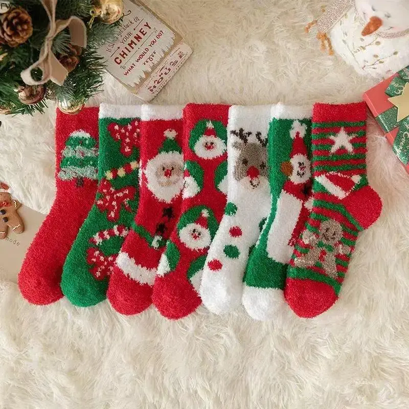 English: 7 Pack Women Christmas Fuzzy Slipper Socks, Thick Coral Velvet Plush Floor Hosiery, Cute Cartoon Cozy Indoor Socks, Thermal Soft Bed Socks for Lounging, Sleeping, Home Relaxation & Holiday Gift Giving