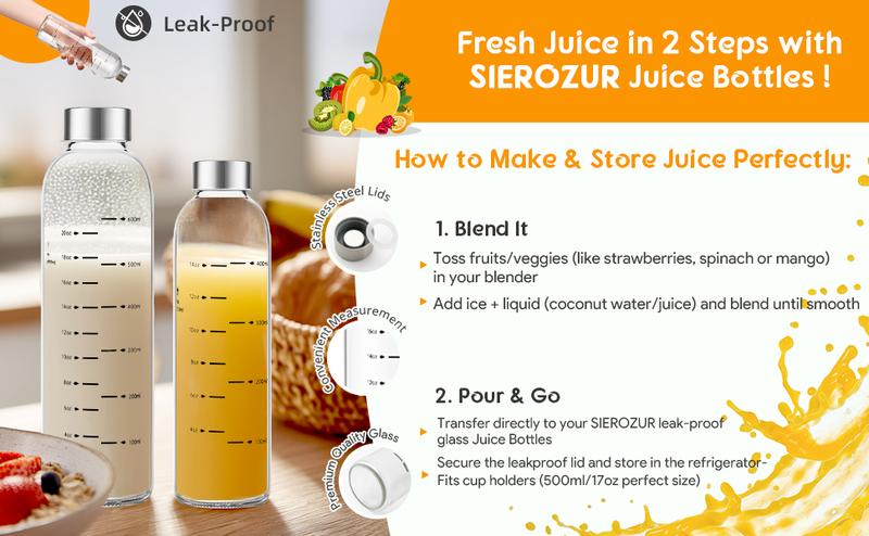 【WINSA】 Reusable Glass Juice Bottles 17oz 25oz 4Pack 6Pack Clear Water Bottle with Stainless Steel Cap 100% Leak Proof BPA Free Drinkware Washable Tumbler for Refrigerator Bottled Valentine's Day Gift