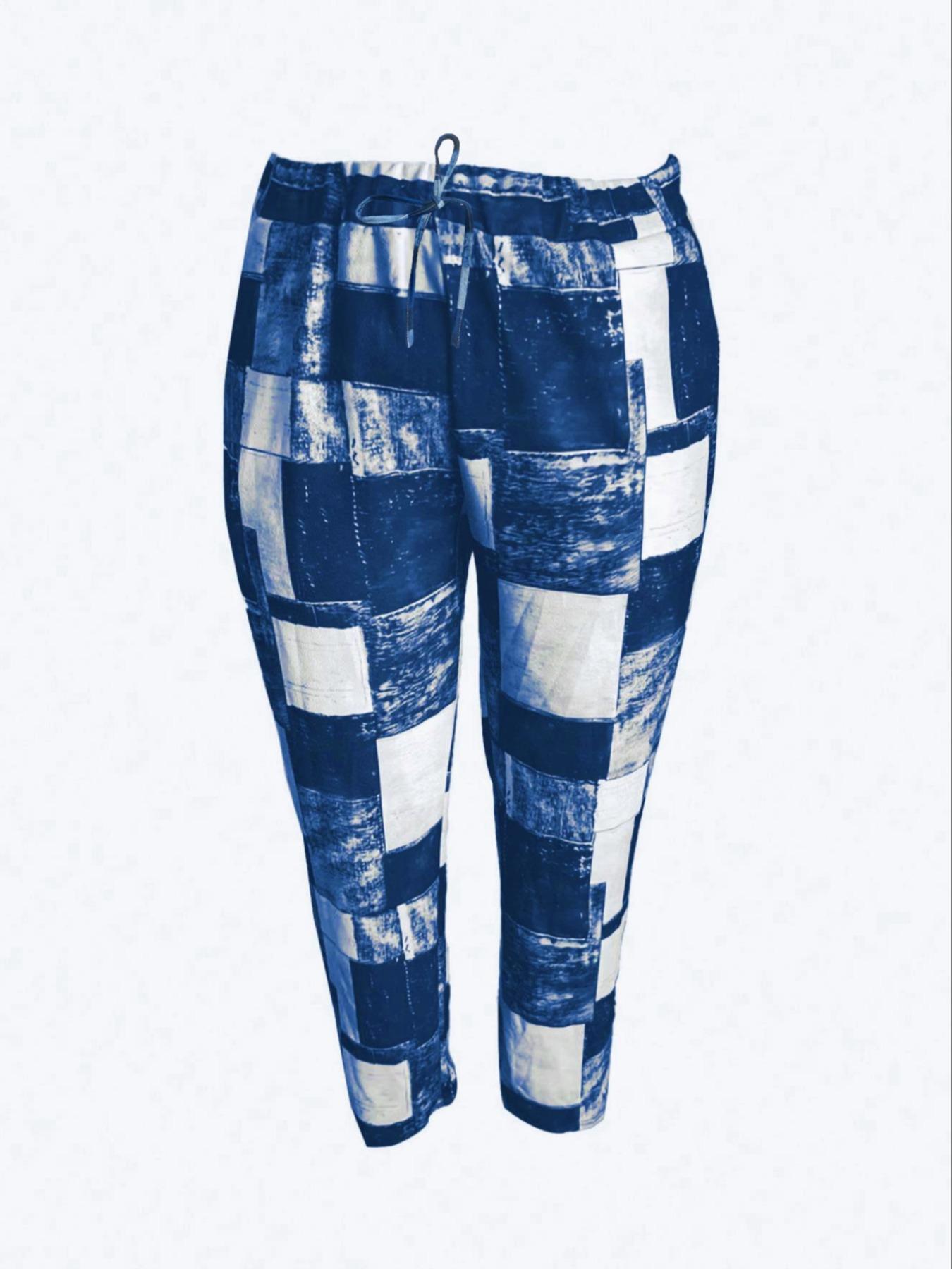 【Plus Size】 Colorblock Patchwork Print Drawstring Waist Pants, Casual Fashion Comfy Pocket Trousers for Daily Wear, Women's Bottoms for Summer