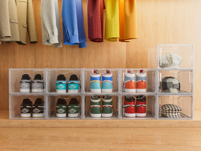 DELAMU Stackable Shoe Storage Box with Magnetic Door | Clear Dustproof Organizer for Dorm, Apartment & Bedroom | Space Saving Sneaker Display Cabinet |  Organiser box Racks shoe organizer bathroom organizer shoe cabinet storage hat organizer