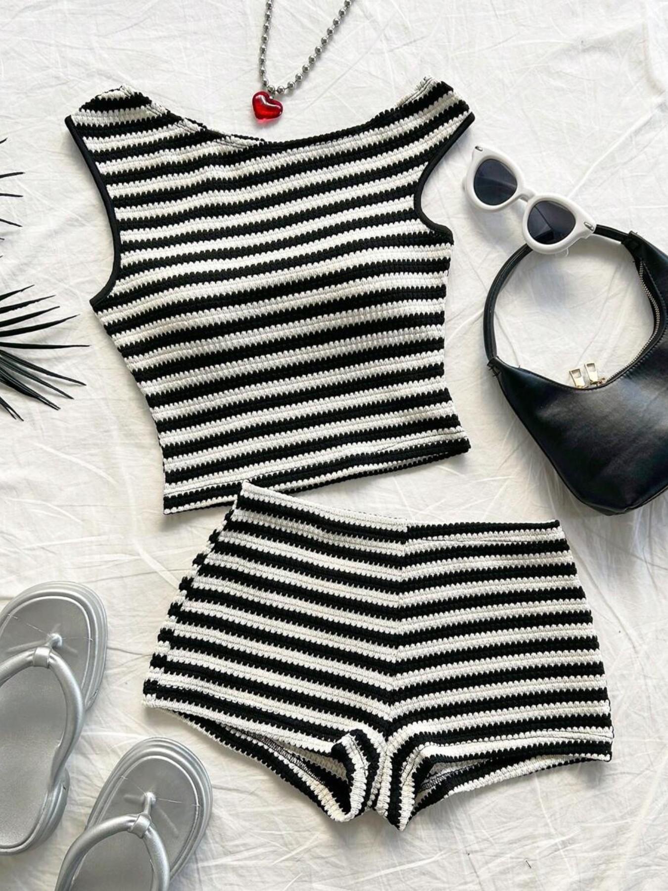 Striped Knit Asymmetrical Neckline Crop Top and Low Waist Tight Shorts Set, Perfect for Parties, Holidays, Beach, Cruise, Carnival, Easter, New Year
