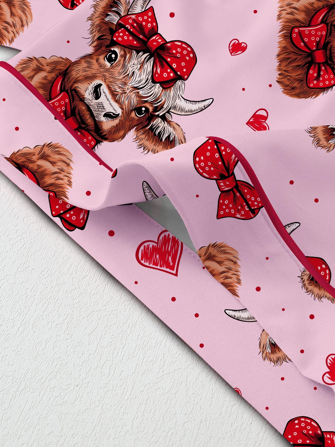 Valentine's Day Women's Pajama Set, Comfortable Cute Elastic Highland Cow Bow Collar Shirt & Pants Two-Piece Sleepwear, Party Wear