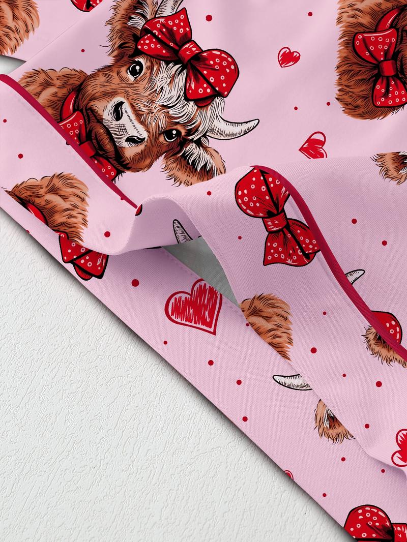 Valentine's Day Women's Pajama Set, Comfortable Cute Elastic Highland Cow Bow Collar Shirt & Pants Two-Piece Sleepwear, Party Wear