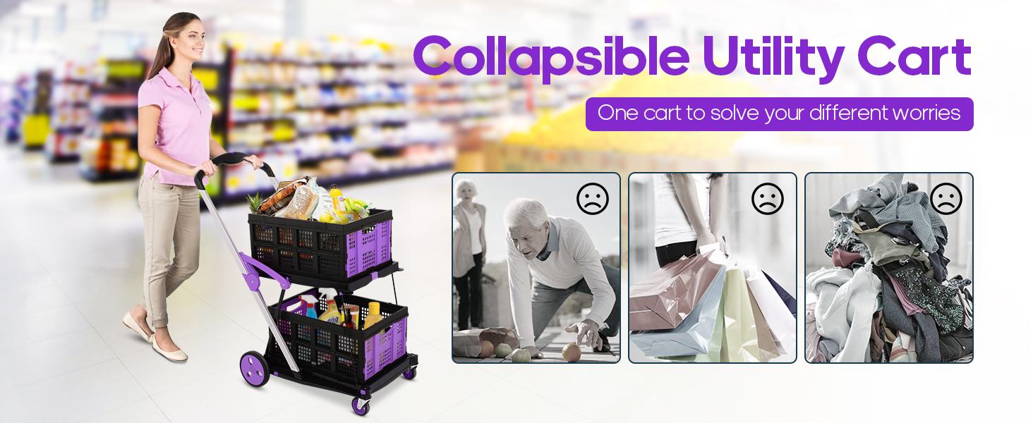 Foldable Utility Cart with Wheels,2 Layers Multifunctional Folding Cart for Cosmetic Organizer,Grocery,Office,Warehouse,Garden, Double Layers Foldable Shopping Cart,Folding Trolley for Luggage Heavy Duty(Blue/RED/PINK/Purple)