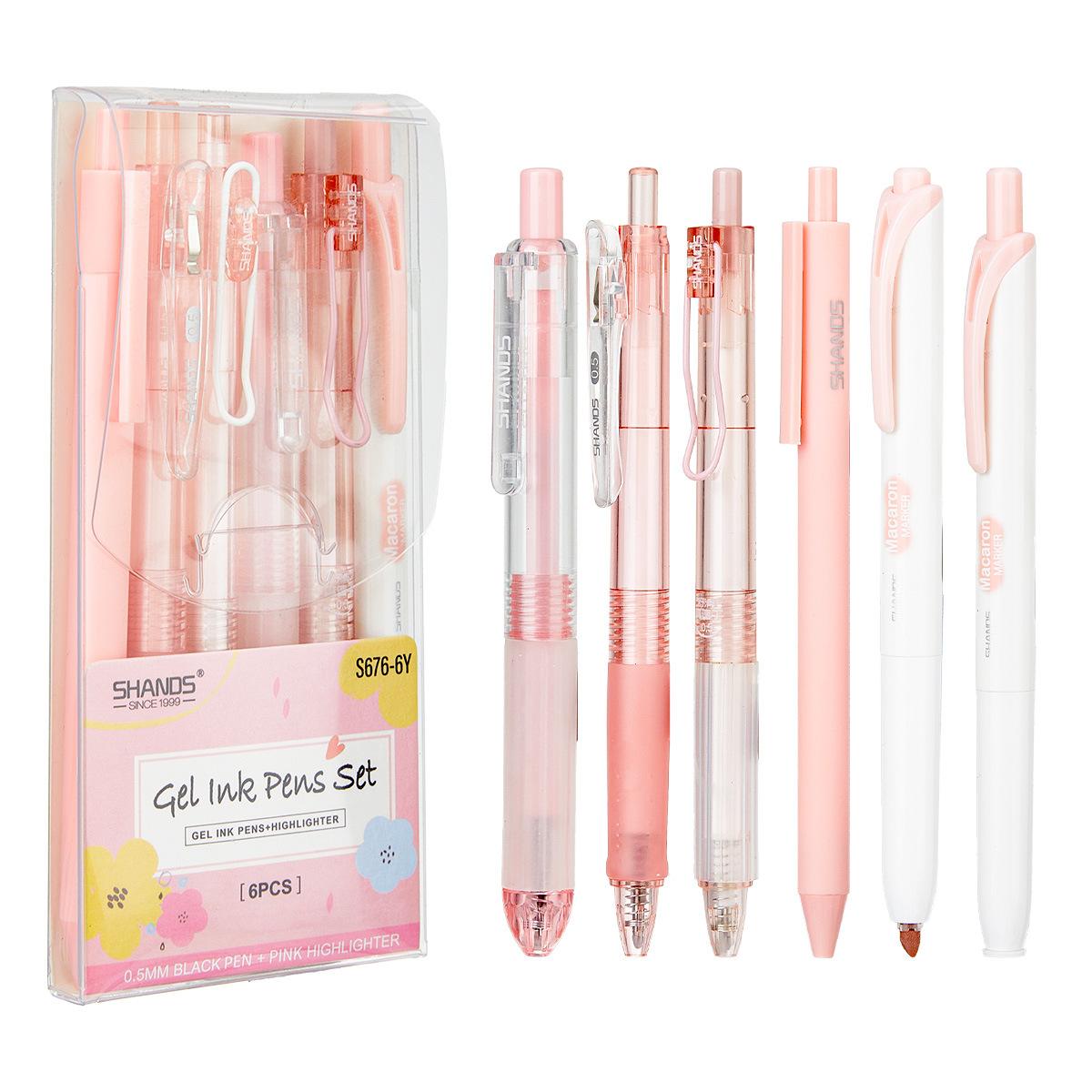 6 pieces of large-capacity push-action quick-drying neutral pens. Learning set. 0.5mm black minimalist neutral pen. Marking fluorescent pen. Suitable for school activities rewards. Christmas gift. Set with pen