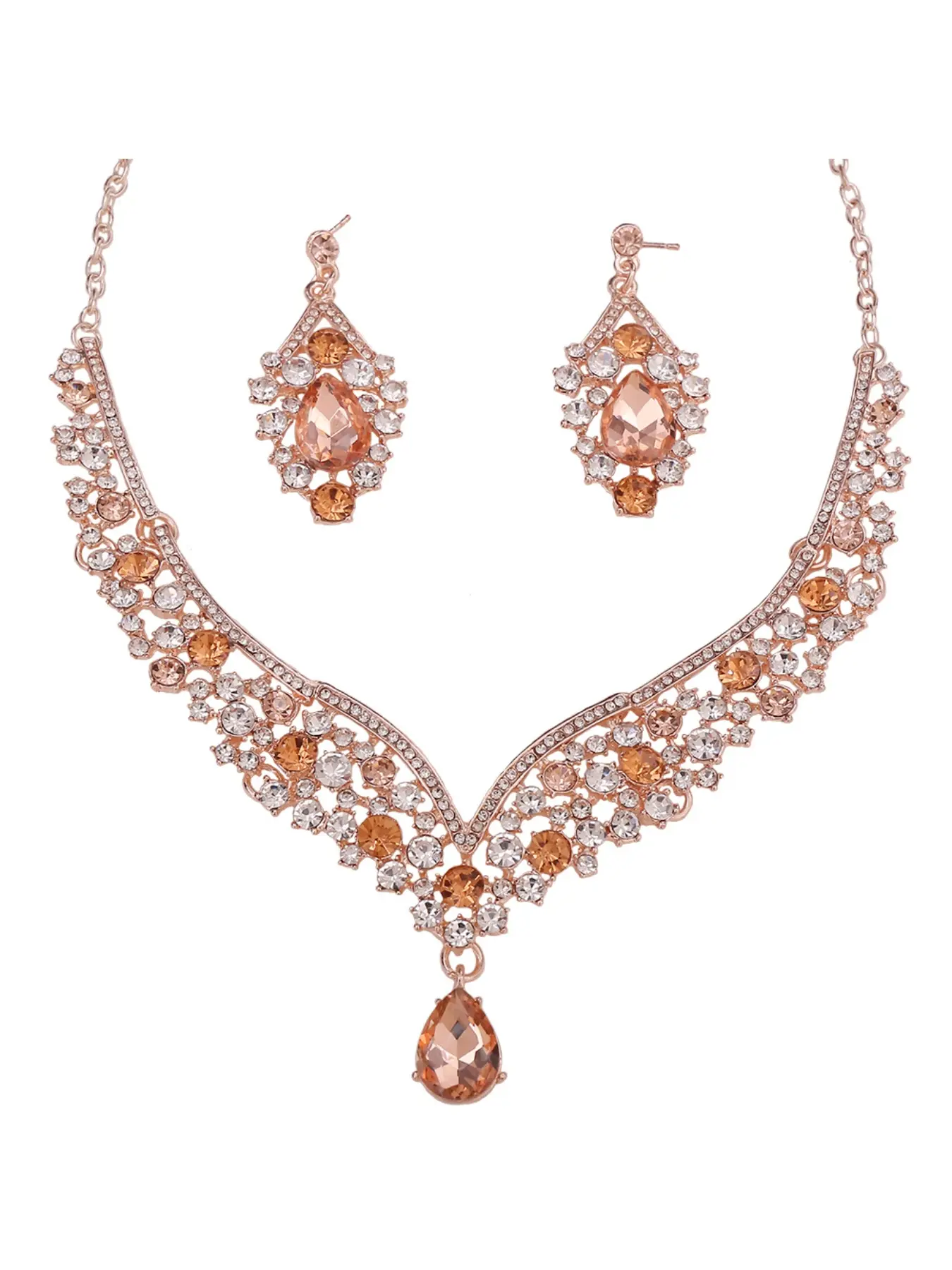 Exquisite Colored Crystal Glass Teardrop Necklace and Earrings Wedding Jewelry Two-Piece Set Bridal Accessories