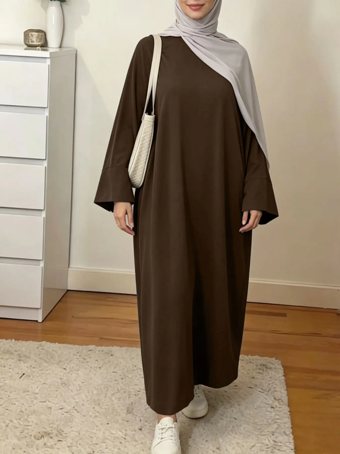 Solid Color Wide Bell Sleeve Long Abaya Dress, Loose Fit with Side Pockets, Muslim Women's Islamic Modesty Clothes Daily Commute Home Casual Conservative Dress
