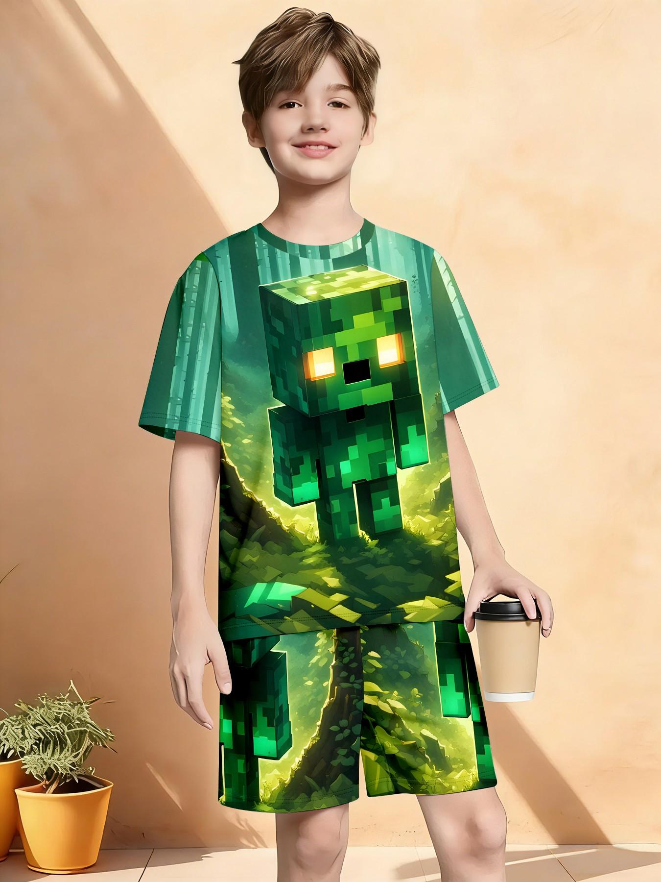 Boys' Creeper Pixel Print Short Sleeve Shorts Set, Casual Asymmetrical Design, Natural Waist, H-Type Silhouette, Random Print Pattern