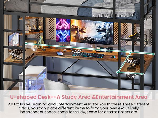 Hasuit Twin Size Loft Bed with Desk U-Shaped | Heavy Duty Metal Frame & Built-in Charging Station | RGB APP-Controlled LED Lights, Safety Guardrails + Open Shelves | No Box Spring Needed Easy Diy Assembly