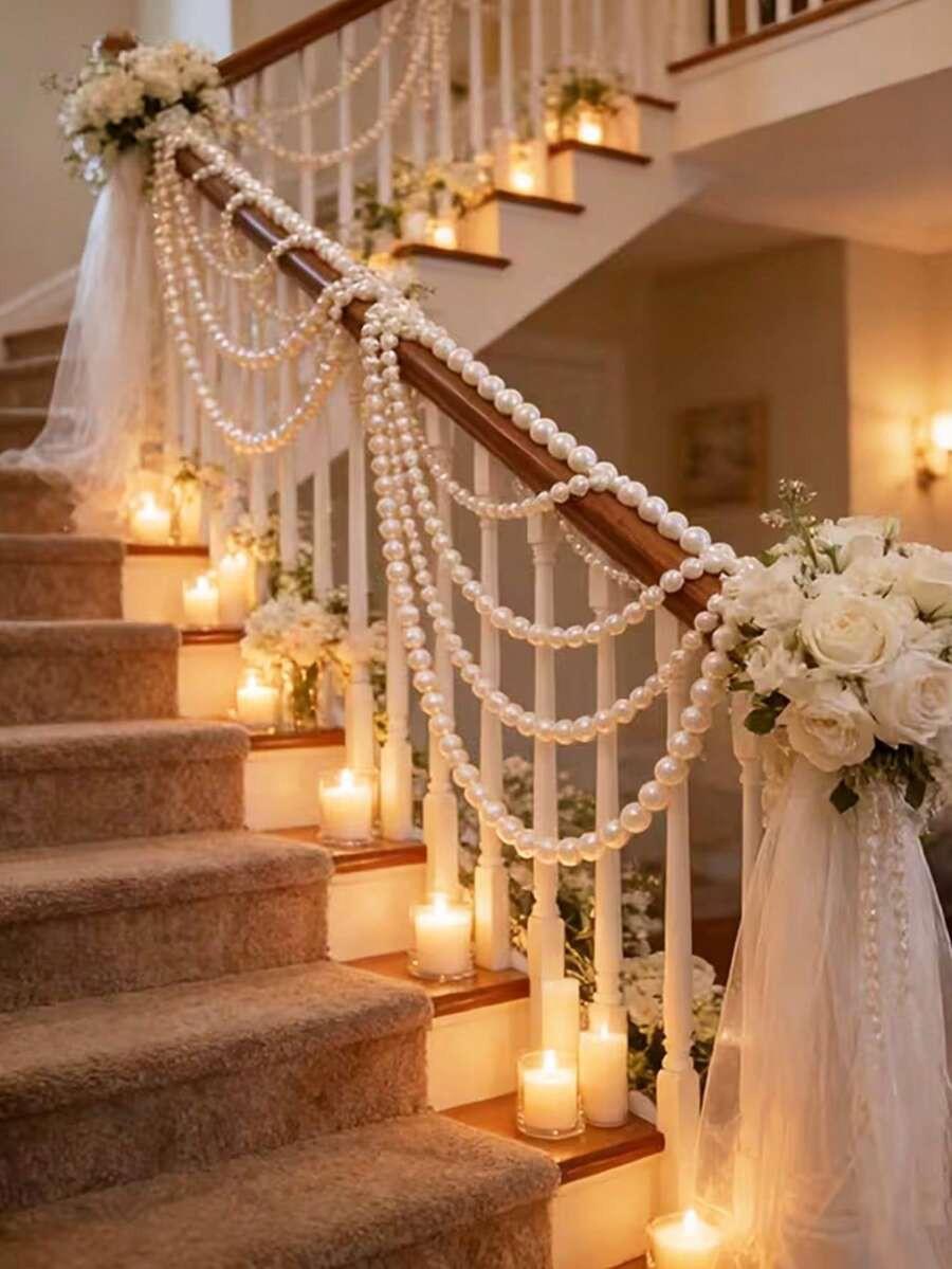 30pcs Giant Pearl String Pendant Decor, White Round Faux Pearl Backdrop Wall Hanging, Wedding Ceremony Decoration, DIY Pearl Garland, Pearl Wreath Stair Decor, White Faux Pearl Christmas Tree Wreath, Party Decoration