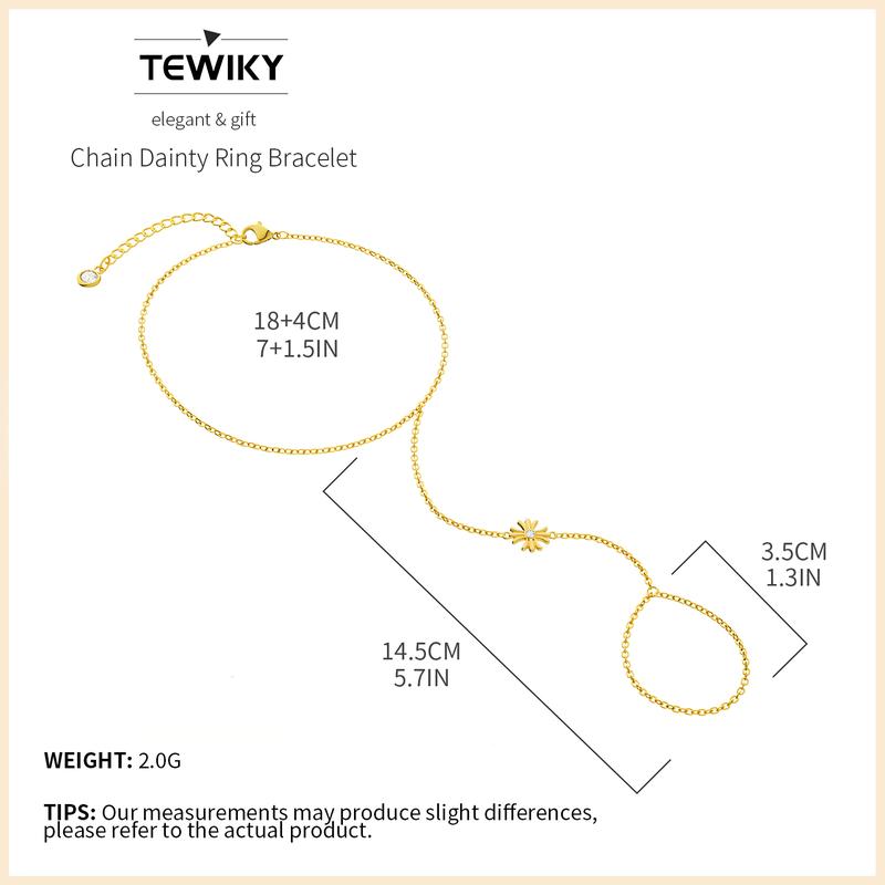 Tewiky Dainty 14K Gold Plated Ring Hand Chain Bracelet - Trendy 14K Gold Plated Bead Satellite Cross CZ Hand Link Chain Bracelets for Women Simple Jewelry Gift For Valentine's Day gifts