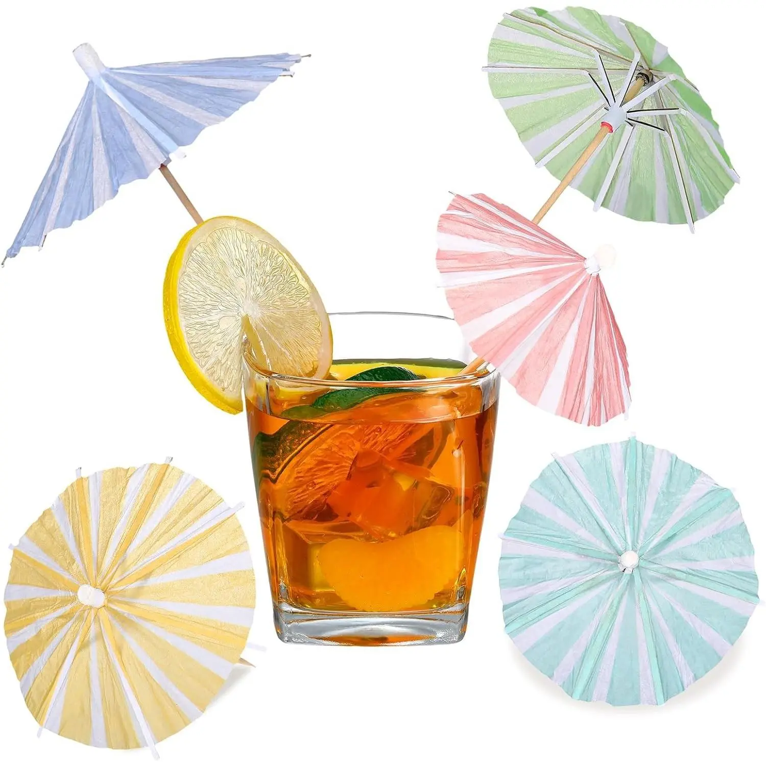 150 Pcs Drink Umbrellas Cocktail Picks Vertical Stripes Style Mini Umbrella for Drink Paper Parasol Cocktail Stick with Wood Toothpick for Summer Hawaiian Party Decor Cupcake Topper(5 Color)