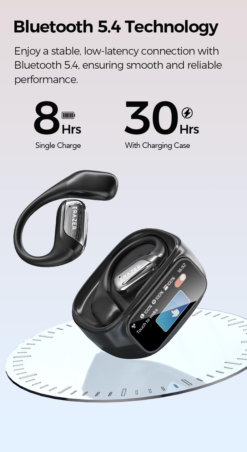 ERAZER XF35 Open Ear Bluetooth Earphones,Bluetooth 6.0 Earphones,Stereo HIFI Sound ,LED Lights Touchscreen Up to 48 Hours Power with Case,Ergonomic Ear Hooks,Ultra-Comfort Wireless Headphones,Built-in Mic Clear call,For Gym Running Workout