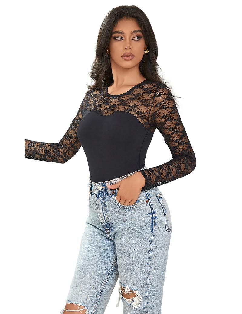 Women's Sheer Mesh Bodysuit Shirt Long Sleeve Lace Bodysuit for Going Out Cocktail Sexy Party Casual Black and Red and White Crew Neck Leotard Print Body Suit Top Valentine's Day Gift Comfortable Breathable Nylon Chic Body Suit Outfit Womenswear Crewneck