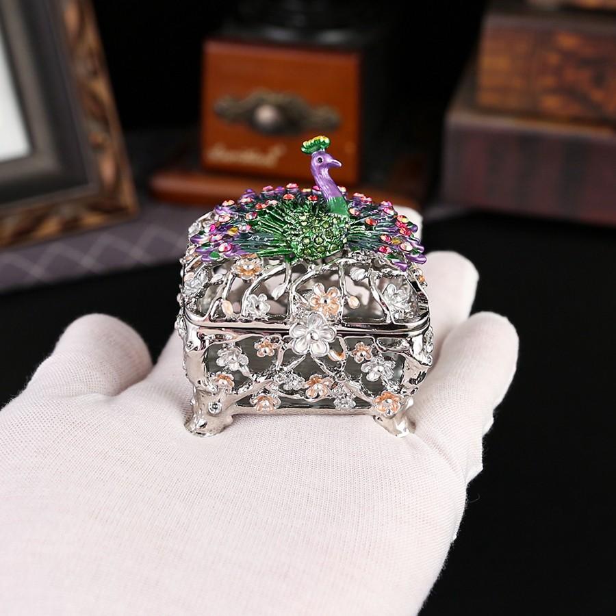 Elegant Silver Color Peacock Jewelry Box, Intricate Lace Design, Vanity Organizer, Trendy Oriental Luxury Decor, Perfect for Accessories Storage