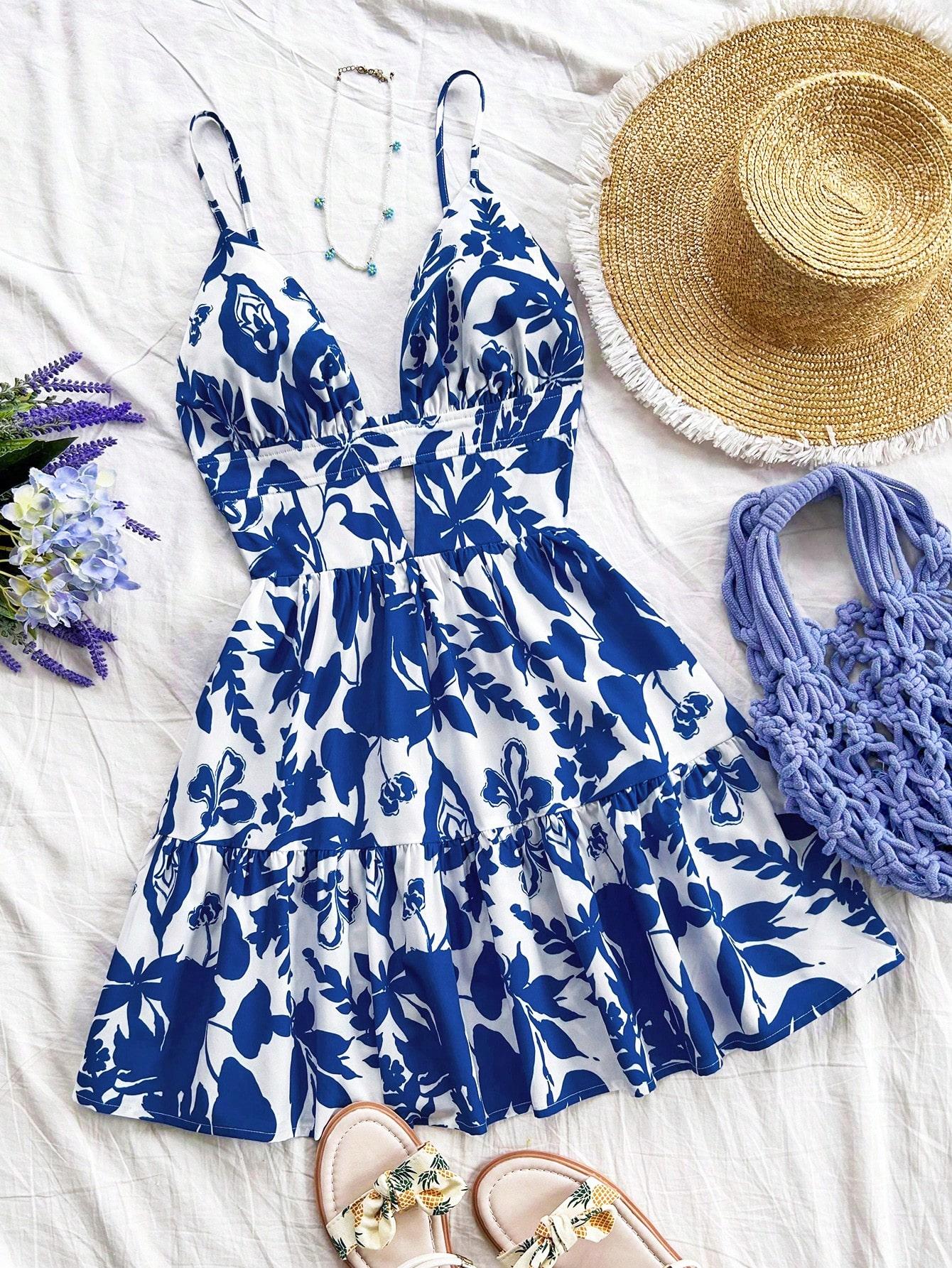 Spring Floral Halter Flowy A Line Dress Cut Out Smocked High Waisted Short Vacation Dress Sundresses
