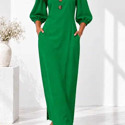 Women's Solid Color Casual Long Flowy Summer Dress, V Neck Three Button Closure, Sleeveless with Pockets, Loose Fit for Commute and Vacation