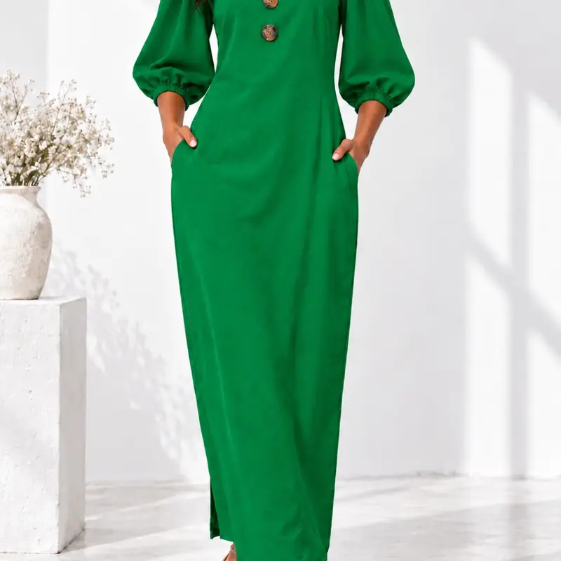 Women's Solid Color Casual Long Flowy Summer Dress, V Neck Three Button Closure, Sleeveless with Pockets, Loose Fit for Commute and Vacation