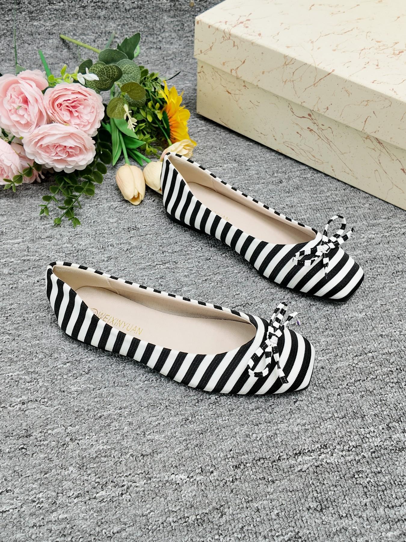 2026 New Striped Square Toe Flat Shoes, French Soft Sole Low Top Bow Single Shoe, Commuter Versatile Slimming Women's Shoes