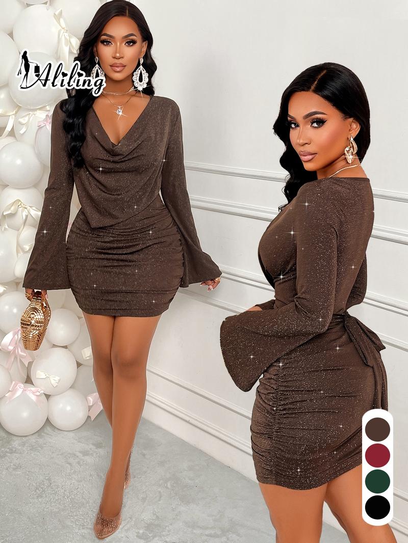 Sexy Draped Neck Flare Sleeve Tie Waist Ruched Party Mini Dress With Glitter Knitted Fabric, Elegant Sexy Casual, Wedding Guast, Halloween Day, Christmas Day, Fall/Winter Clothes For Women