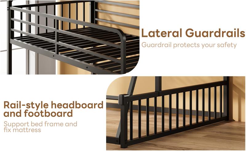 LIKIMIO Bunk Bed Twin XL Over Twin XL, Metal Bunk Bed Frame with Ladder and Guardrail, House Shaped with Metal Slats for Dormitory and Bedroom, Space Saving, No Box Spring Needed