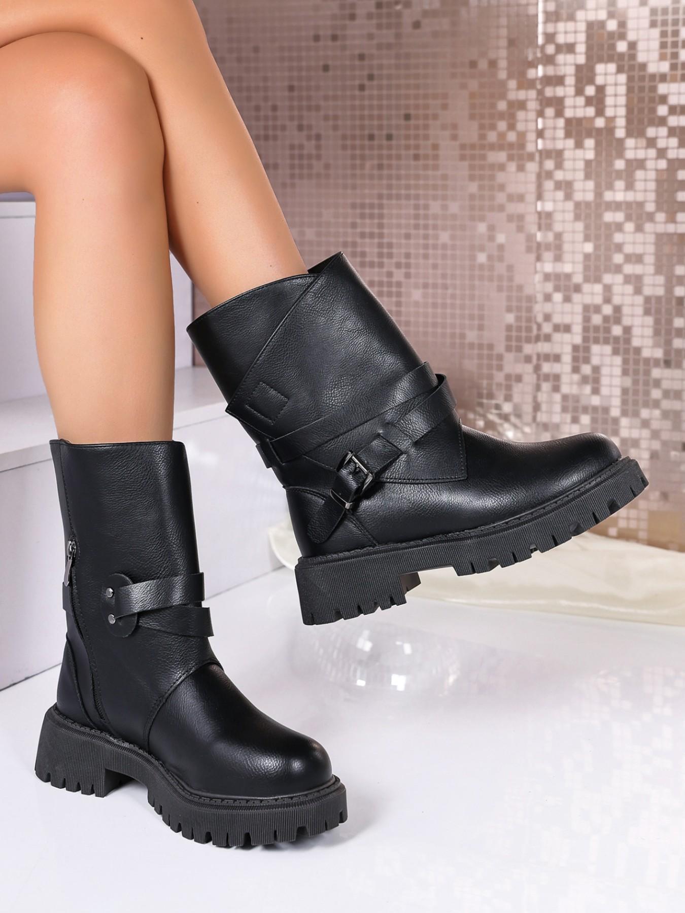 Women's Vintage PU Leather Belt Buckle Thick Sole Boots, Comfortable Anti-Slip, Fashionable Fall & Winter Shoes