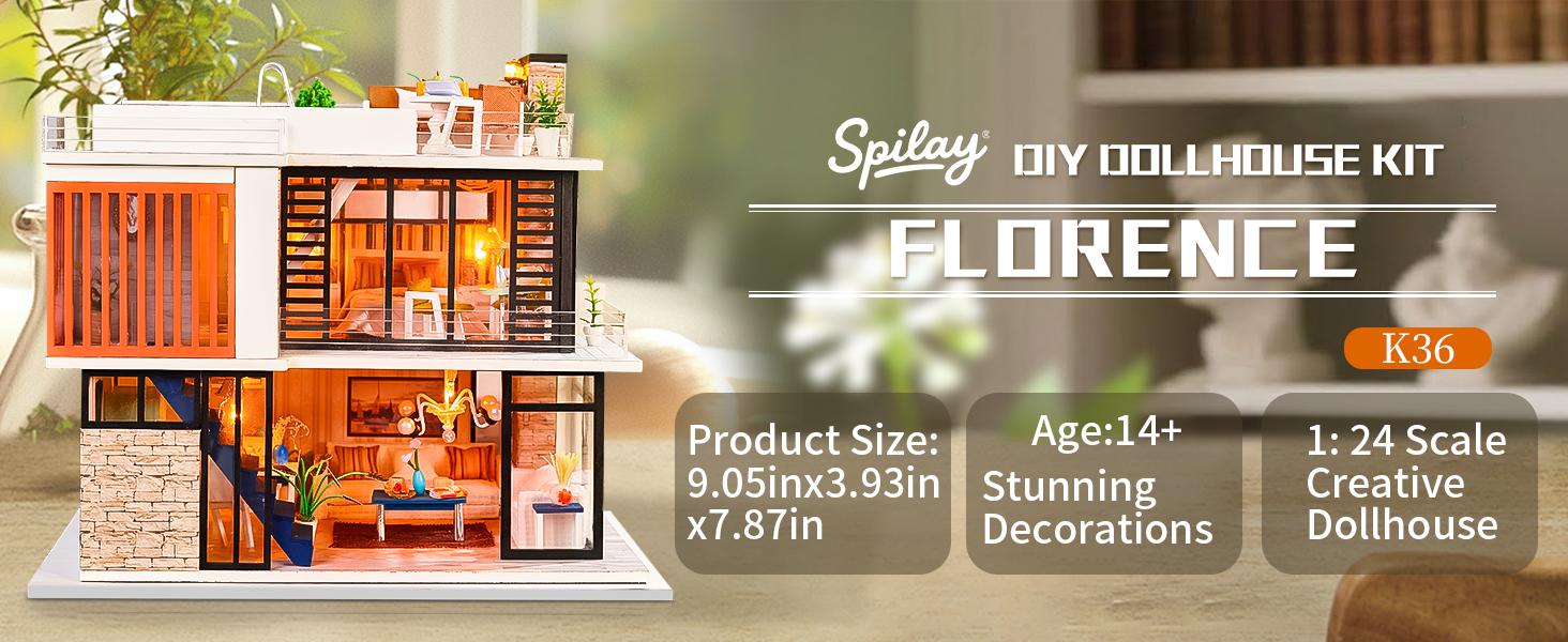 Spilay Laser Cut DIY Wooden Miniature Dollhouse Kit for Adults, Crafting Handcraft Mini-Architecture Building Block Toy with Warm Light, Music Box, Detailed Furniture & Bookshelf Decor Gift Option