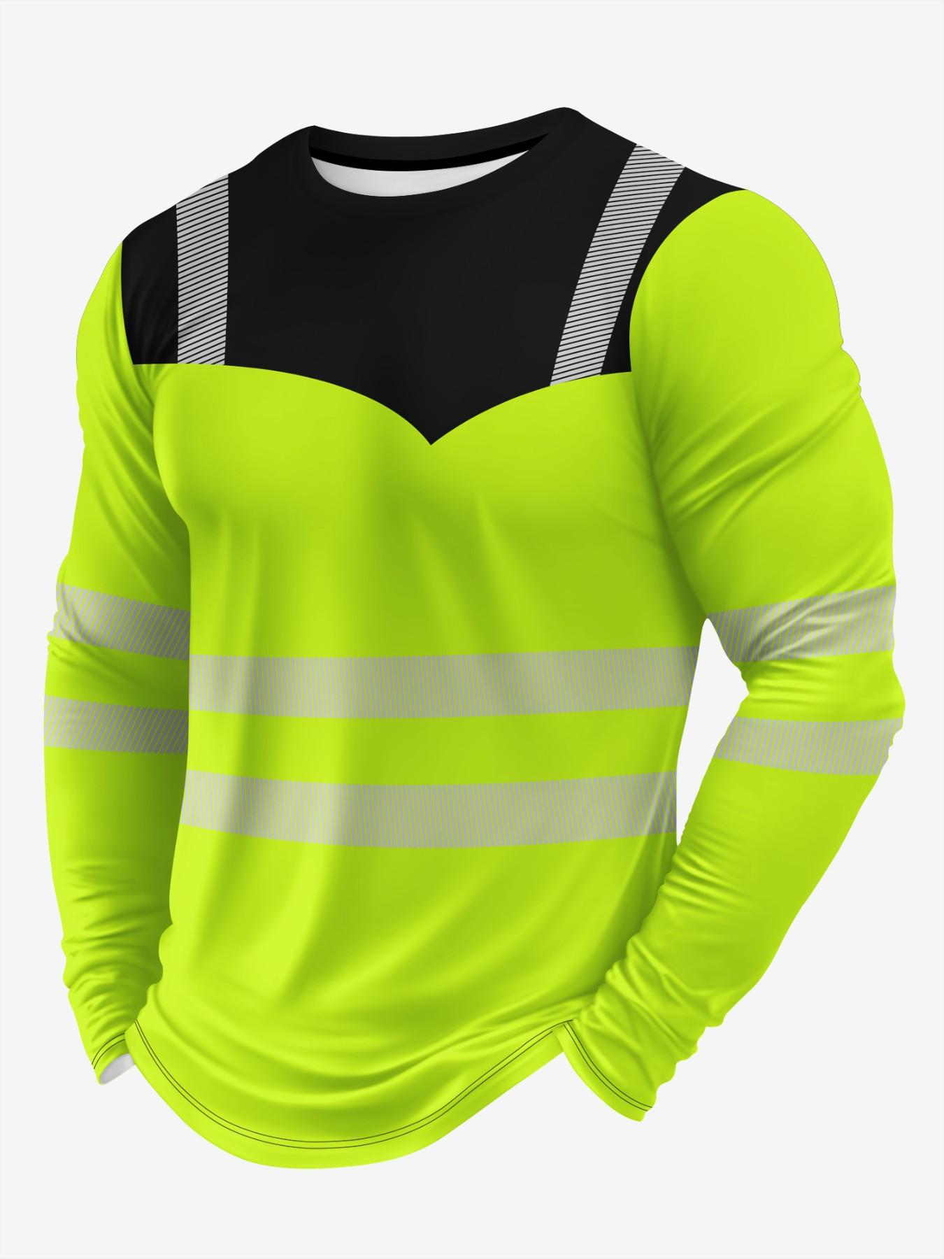Men's Sport Long Sleeve T-Shirt, High Performance Activewear, Athletic Activewear, Fluorescent Color Patchwork Quick-Dry Top, Fashion Fitted Short Length, Athletic Sports Clothing, Spring & Fall Wear, Sports Tops