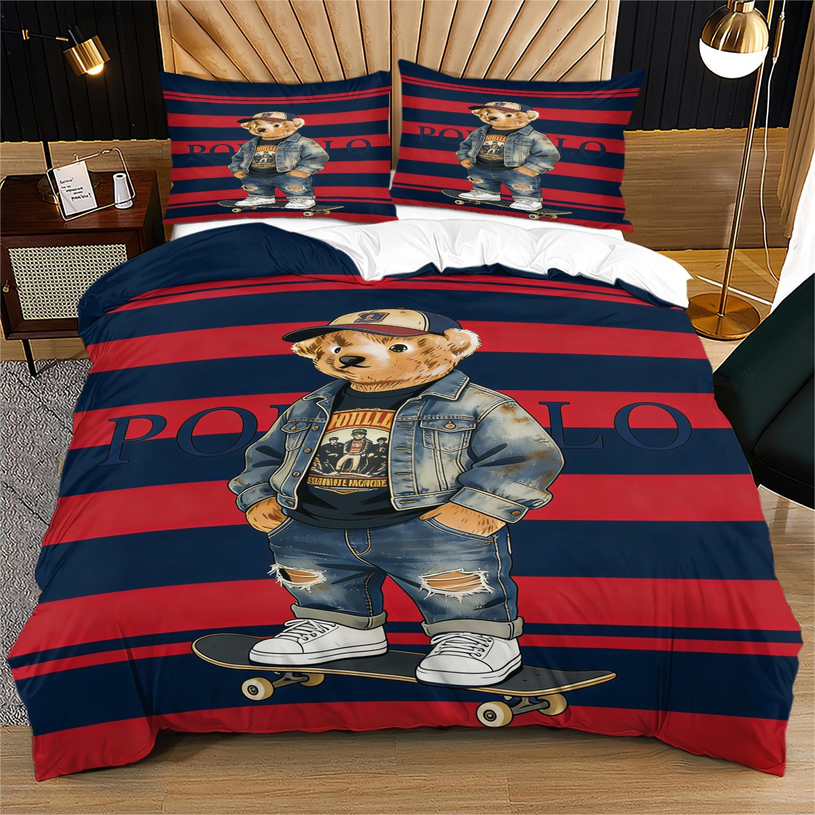 Striped Bear Pattern Print Soft and Durable Bedding Set, Includes 1 Duvet Cover and 1 or 2 Pillowcases, Excludes Quilt and Pillow Inserts, Suitable as Gifts for Teens and Adults, Modern Stylish Bedroom Bed Decorations