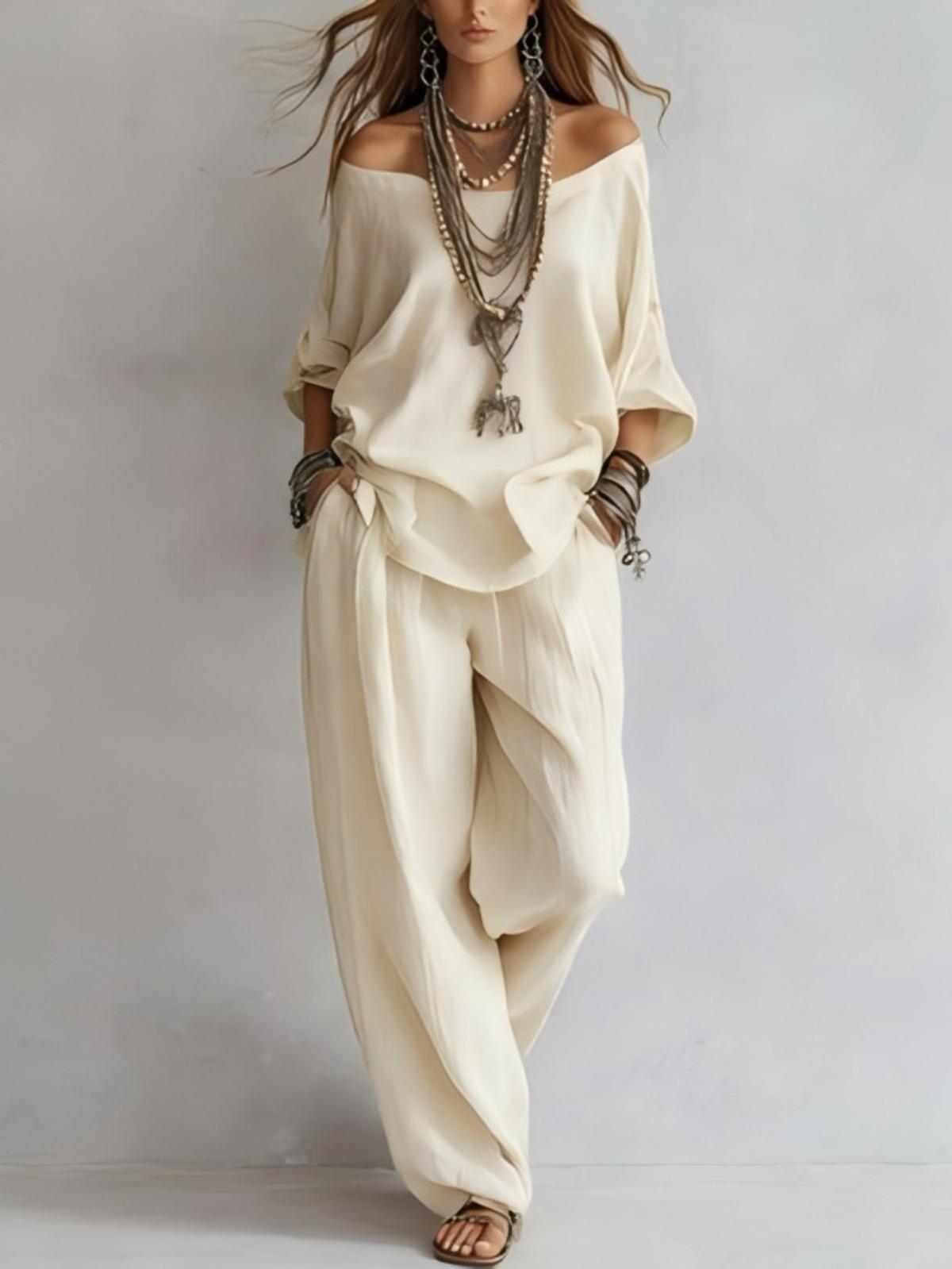 Women's Summer Solid 3/4 Sleeve Tops & Wide Leg Pants Set, Casual Loose Simple Fashion Outfit, Daily Holiday Travel Two Piece Set Women's Summer Solid 3/4 Sleeve Tops & Wide Leg Pants Set, Casual Loose Simple Fashion Outfit, Daily Holiday Travel Two Piece Set