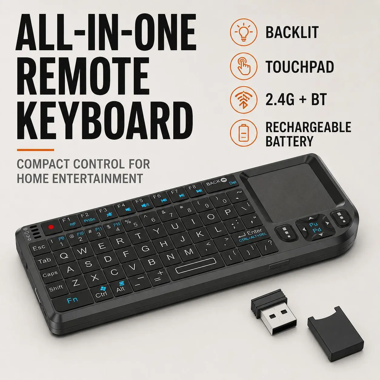 Portable Backlit Mini Keyboard with Touchpad, 2.4G Wireless & Bluetooth-Compatible Control, Rechargeable Battery and Flashlight Function for Smart TV, PC, Mac and Home Theater Use