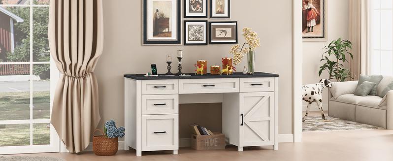 Vabches Farmhouse 61'' Executive Desk with 5 Drawers, Rustic Office Desk Computer Desk with Charging Station, File Drawers and Storage Cabinet, Wood Workstation for Home Office and Study Vabches Farmhouse 61'' Executive Desk with 5 Drawers, Rustic Office Desk Computer Desk with Charging Station, File Drawers and Storage Cabinet, Wood Workstation for Home Office and Study