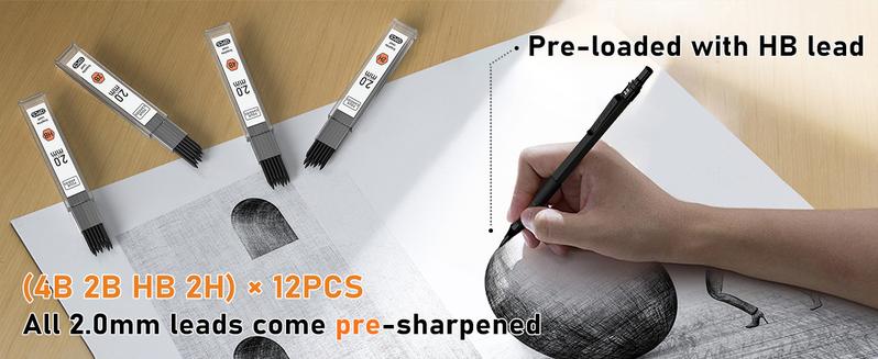 Metal Mechanical Pencil Set, 3PCS Art Drafting Pencils 0.5, 0.7, 0.9MM & 2PCS 2MM Mechanical Drawing Pencils with 420PCS Leads (4B 2B HB 2H Color) for Writing Sketching Drawing