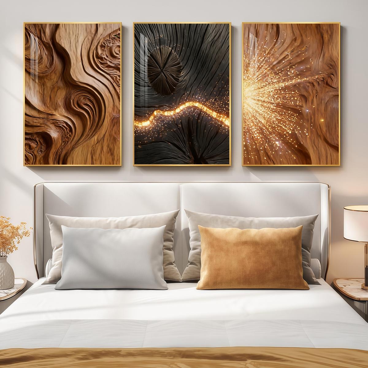 3 Counts Aluminum Alloy Framed Painting, Abstract Wood Texture And Golden Spark Art Pictures, Home Decoration For Living Room, Bedroom, Office, Restaurant, Hallway Wall Decor, Odorless Print Artwork, Luxury Perfect Gift For Friends And Family