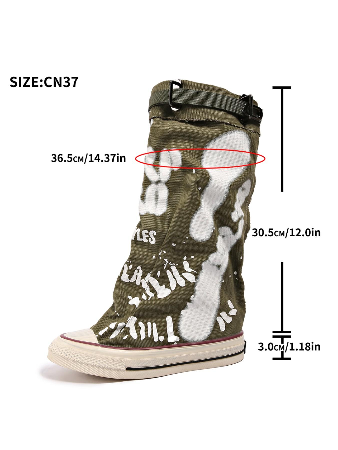 New Women's Graffiti Print Canvas Mid-Calf Boots, Modern Boot, Buckle Strap, Foldable Stackable, Fashionable Above Ankle but Below Knee Boots