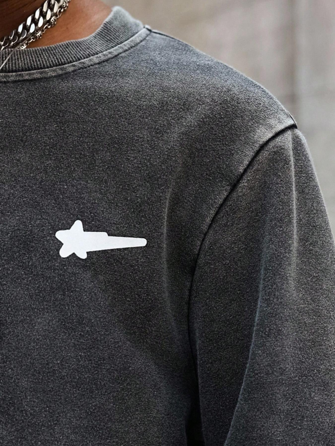 Men's Washed Cotton Mock Two-Piece Round Neck Long Sleeve Fitted Tee, with Star Print Design, a Casual and Trendy All-season Wardrobe Essential