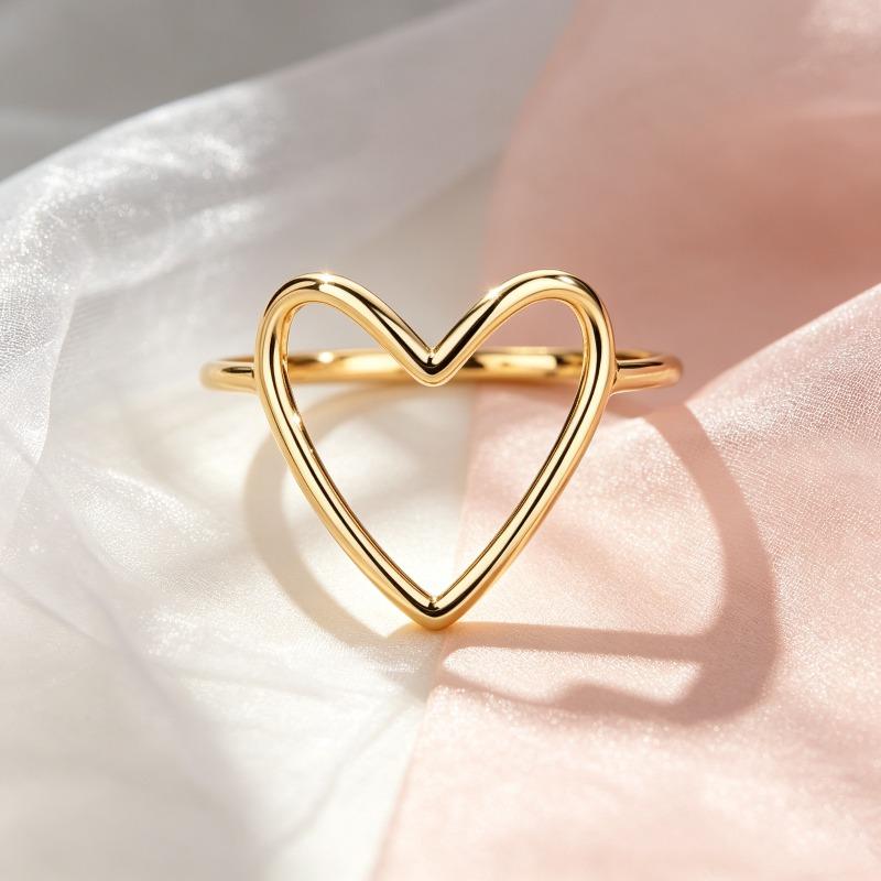 Hollow Big Heart Polished Thin Gold Band Minimalist Gentle Statement Ring, Soft Promise Ring, Simple Anniversary Ring, Stackable Ring, Slim Dainty Jewelry for Valentine Dates, Christmas Gifts and Daily Stacking Travel Looks