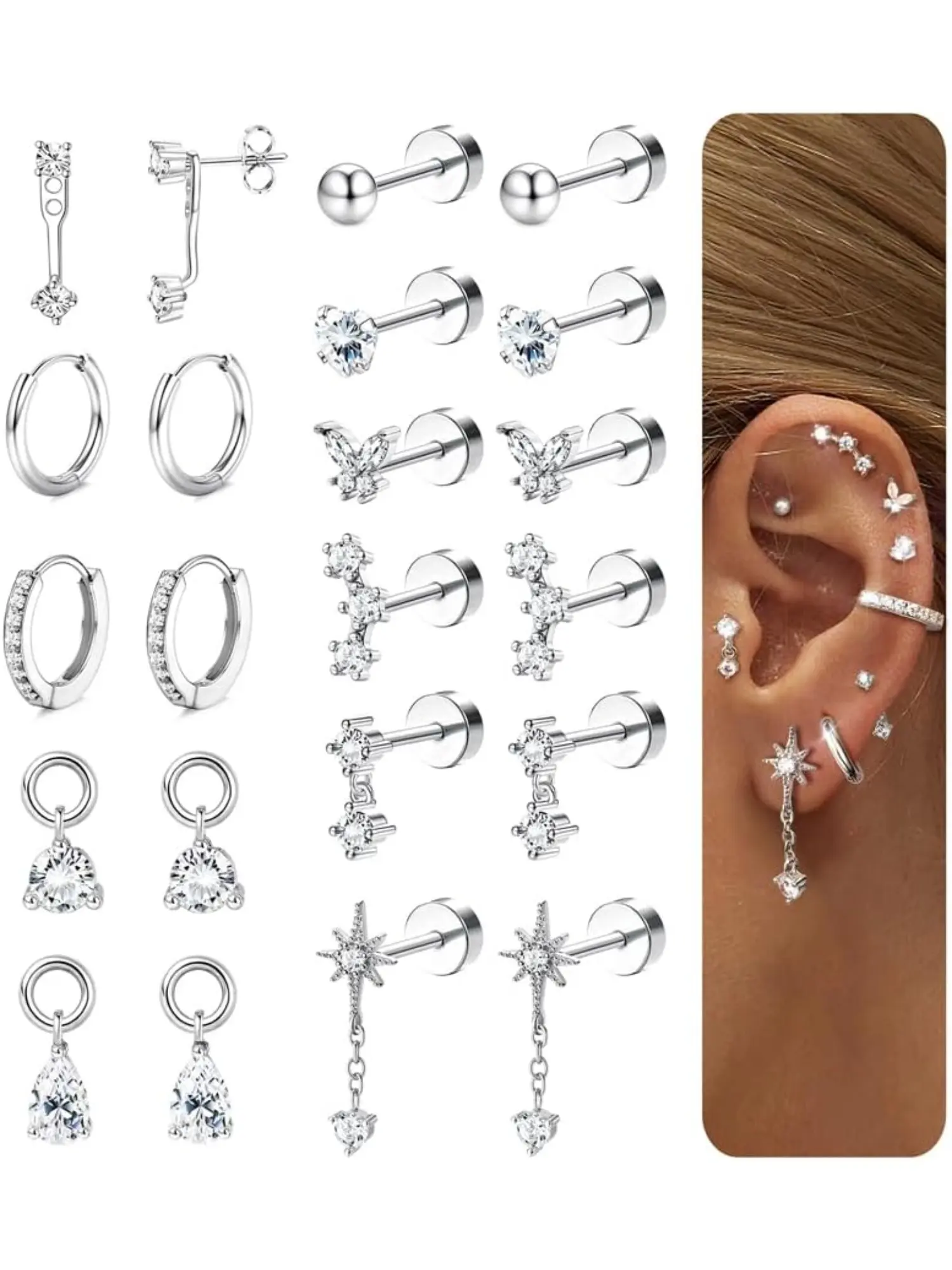 Flat Back Earrings Set For Women, Hypoallergenic 316L Surgical Steel, 14K Gold Plated Cartilage Tragus Helix Studs & Hoops Stackable Jewelry