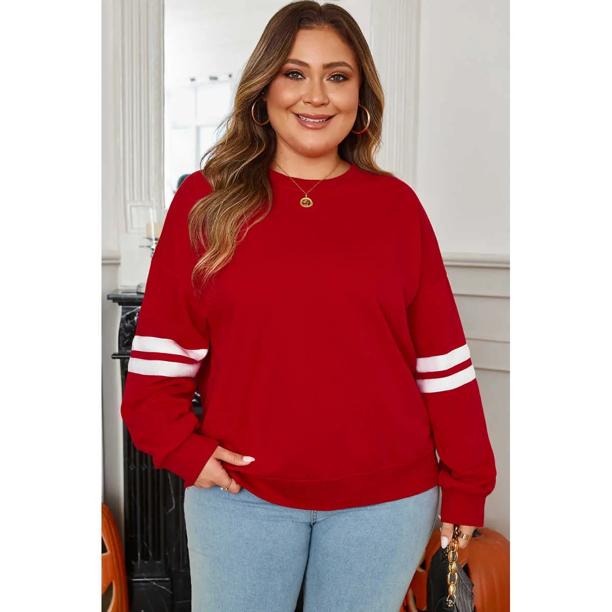 Fiery Red Varsity Striped Detail Crew Neck Plus Sweatshirt