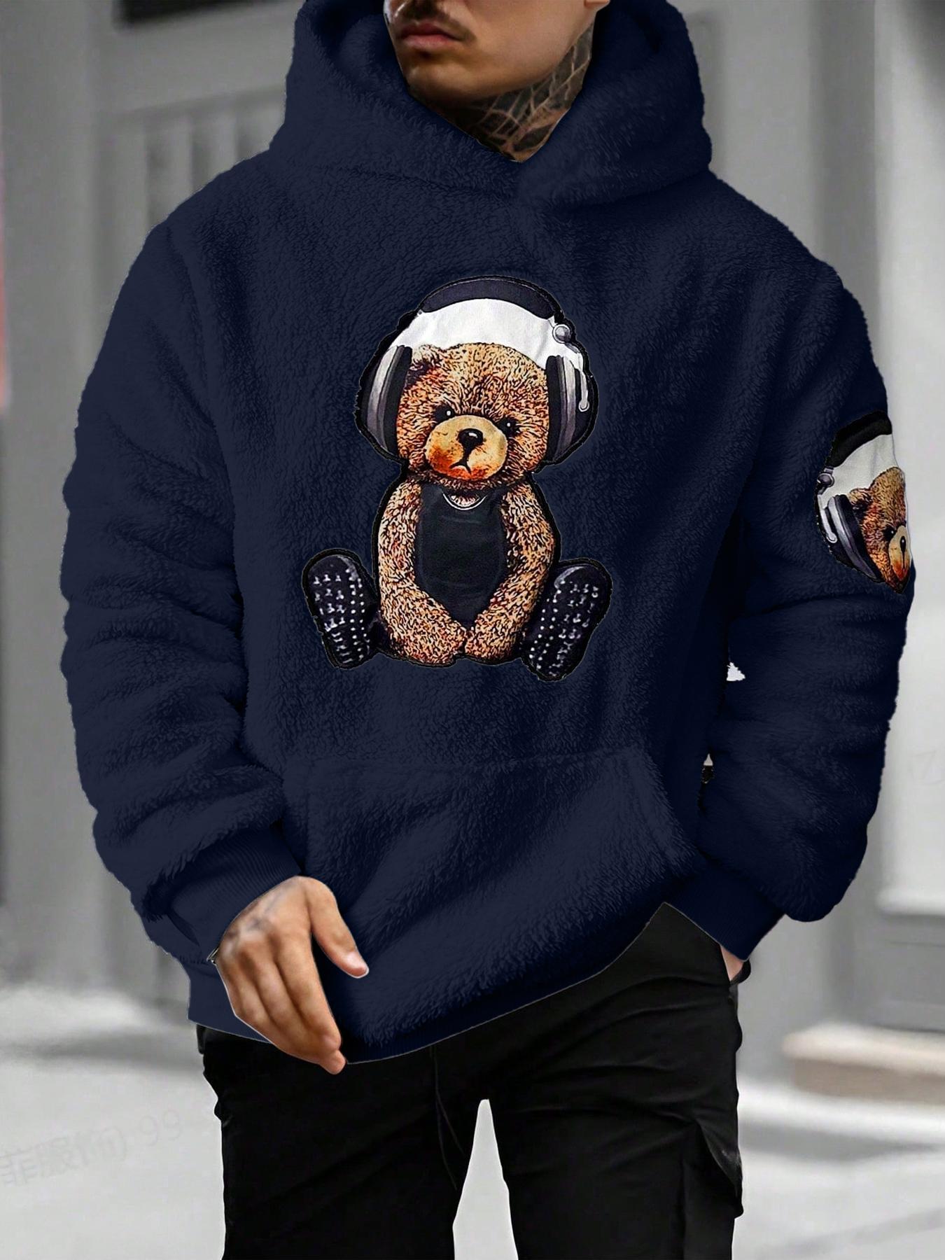 Men's Cartoon Bear Embroidery Pocket Fuzzy Knitted Hoodie, Fitted Casual Long Sleeve Hooded Sweatshirt for Fall & Winter, Men's Clothes for Daily Wear