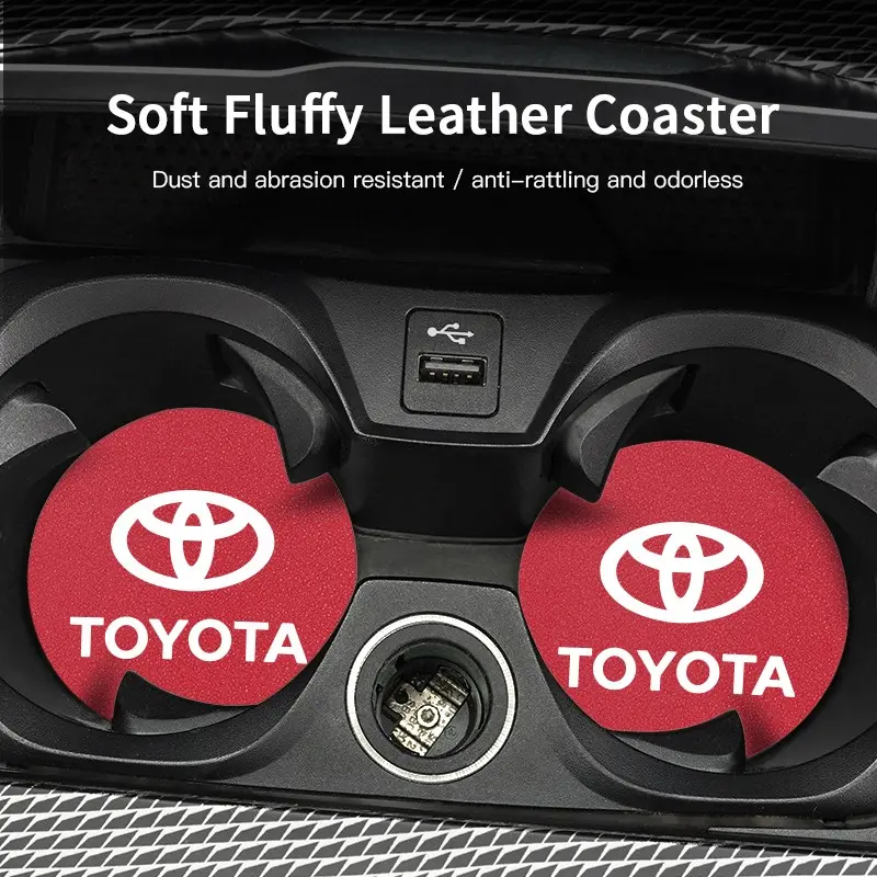2Pcs Car Leather Coaster Mat Anti-slip Water Cup Pad For Toyota 86 Mirai Supra Prado Alphard Crown Vellfire Sequoia Venza Avalon Prius Camry Yaris RAV4 Highlander Sienna Reiz Auris Harrier Fortuner CHR