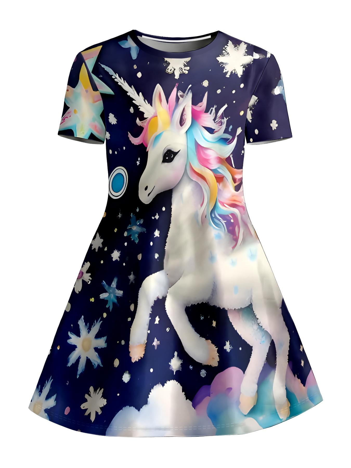 Girls Summer Starry Sky Unicorn Print Dress, Kids Dreamy Snowflake Crew Neck Short Sleeve A-Line Dress