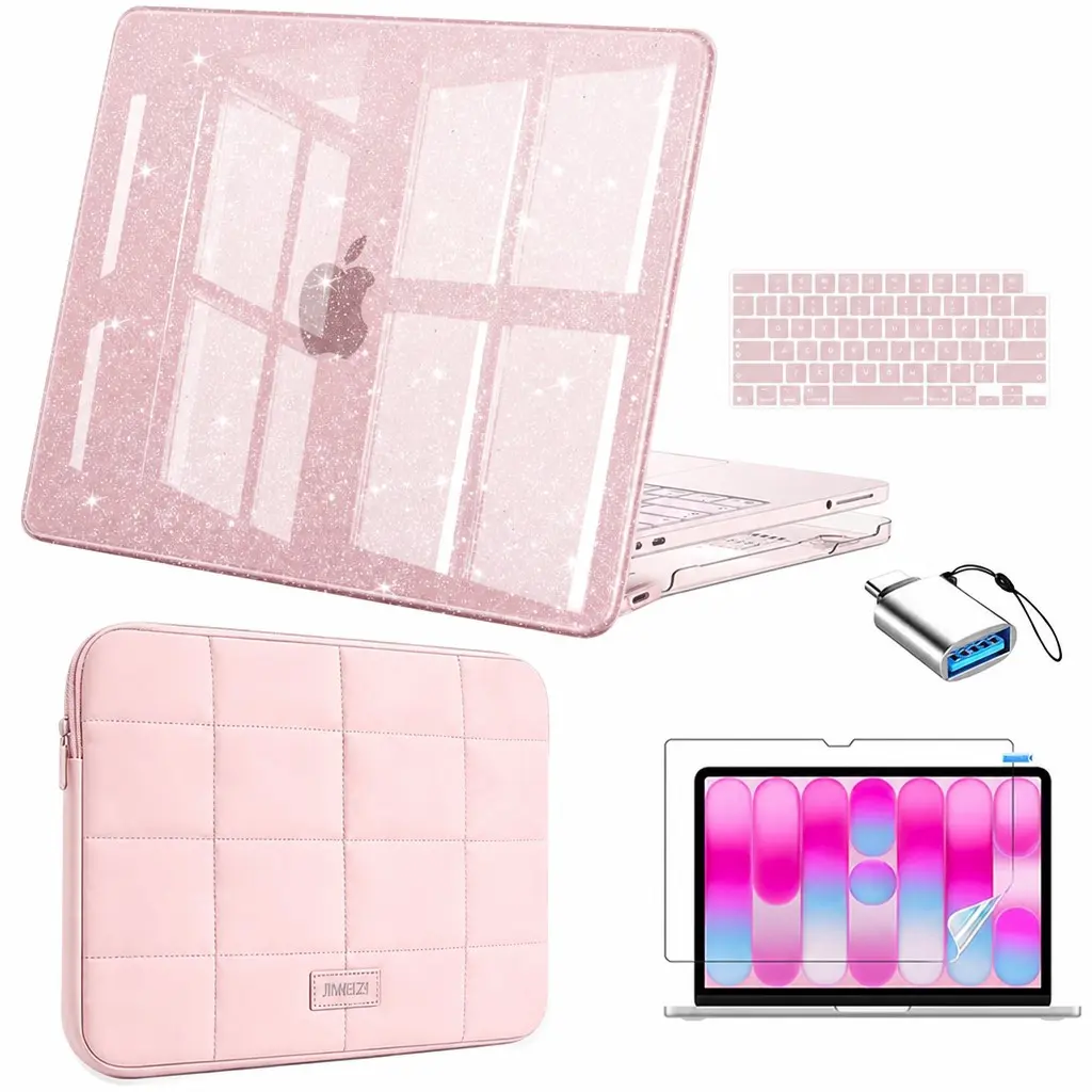 Macbook Neo 5-Piece Aesthetic Protection Set, Glossy Crystal Case, Keyboard Film, Screen Protector, Plush Sleeve, Adapter Included