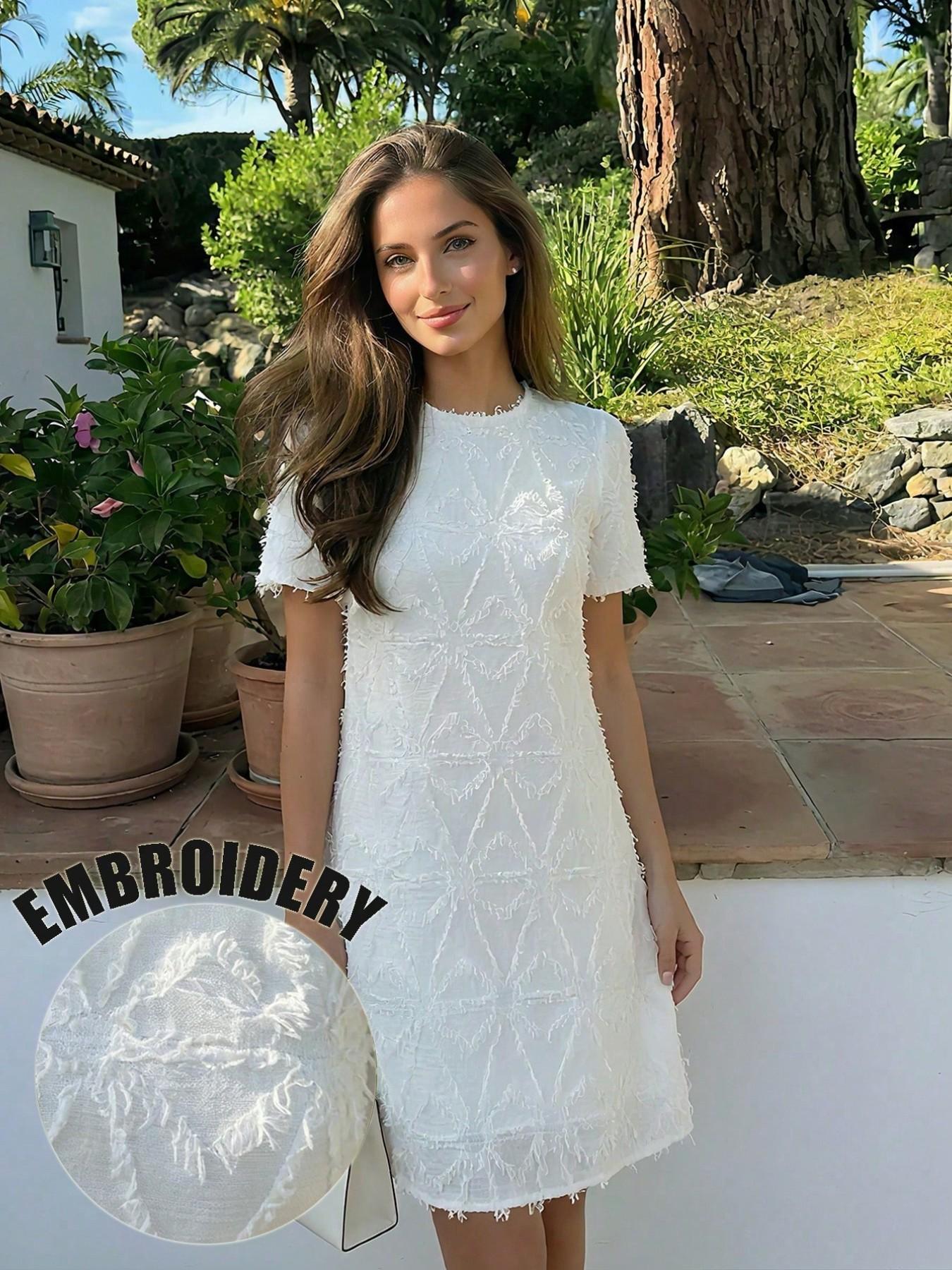 Women's Elegant Embroidered Dress, French Style Summer, High-Quality Medium-Length Casual Wear, Stylish Round Neck Design