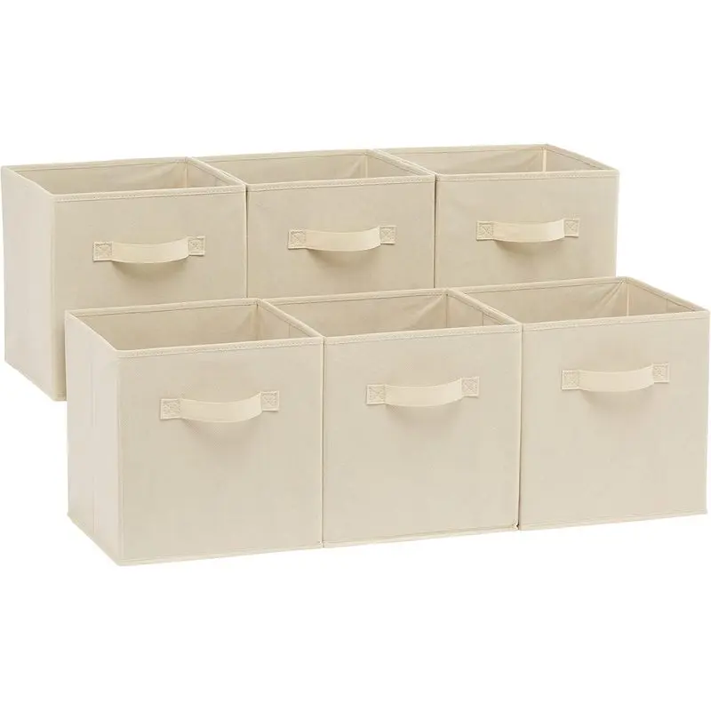 6 Pack Collapsible Fabric Storage Cubes with Handles, 10.5 x 10.5 x 11 in Foldable Beige Organizer Bins for Closet, Shelves, Bedroom, Nursery, Office & Toys,stackable