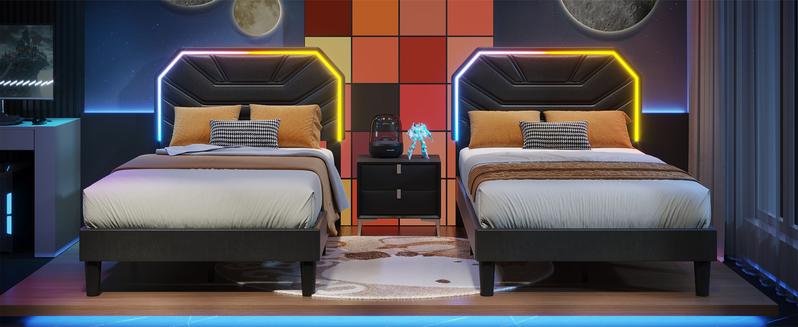 LIKIMIO Bed Frames with Lighted Headboard, Upholstered Modern Cama Platform Bed with Heavy Duty Supports, No Box Spring Need, Noise Free, Easy Assembly