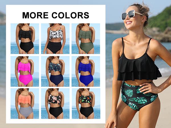 Tempt Me Women Two Piece Swimsuit High Waisted Ruffled Bikini Juniors Swimsuits for Teen Girls Ruffle Tummy Control Bottoms Bathing Suits with Moderate Coverage Bottom Swimwear