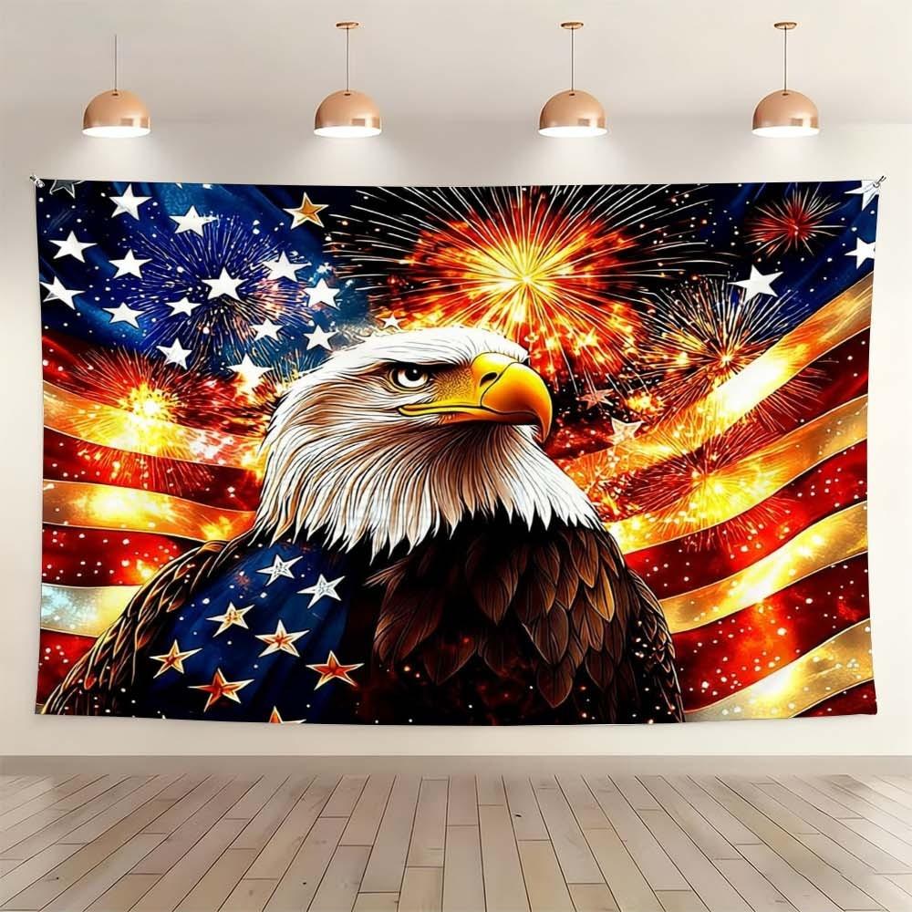 1PC Independence Day themed tapestry featuring majestic eagle and vibrant fireworks creates festive atmosphere perfect for enhancing wall decor in bedrooms or living rooms during gatherings and celebrations stunning design complements home style rich colo
